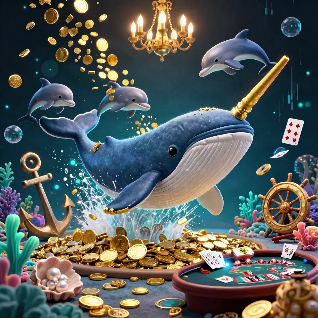 Whale, narwhal and dolphins amid coin shower, treasure cove lights, roulette wheel and casino table.