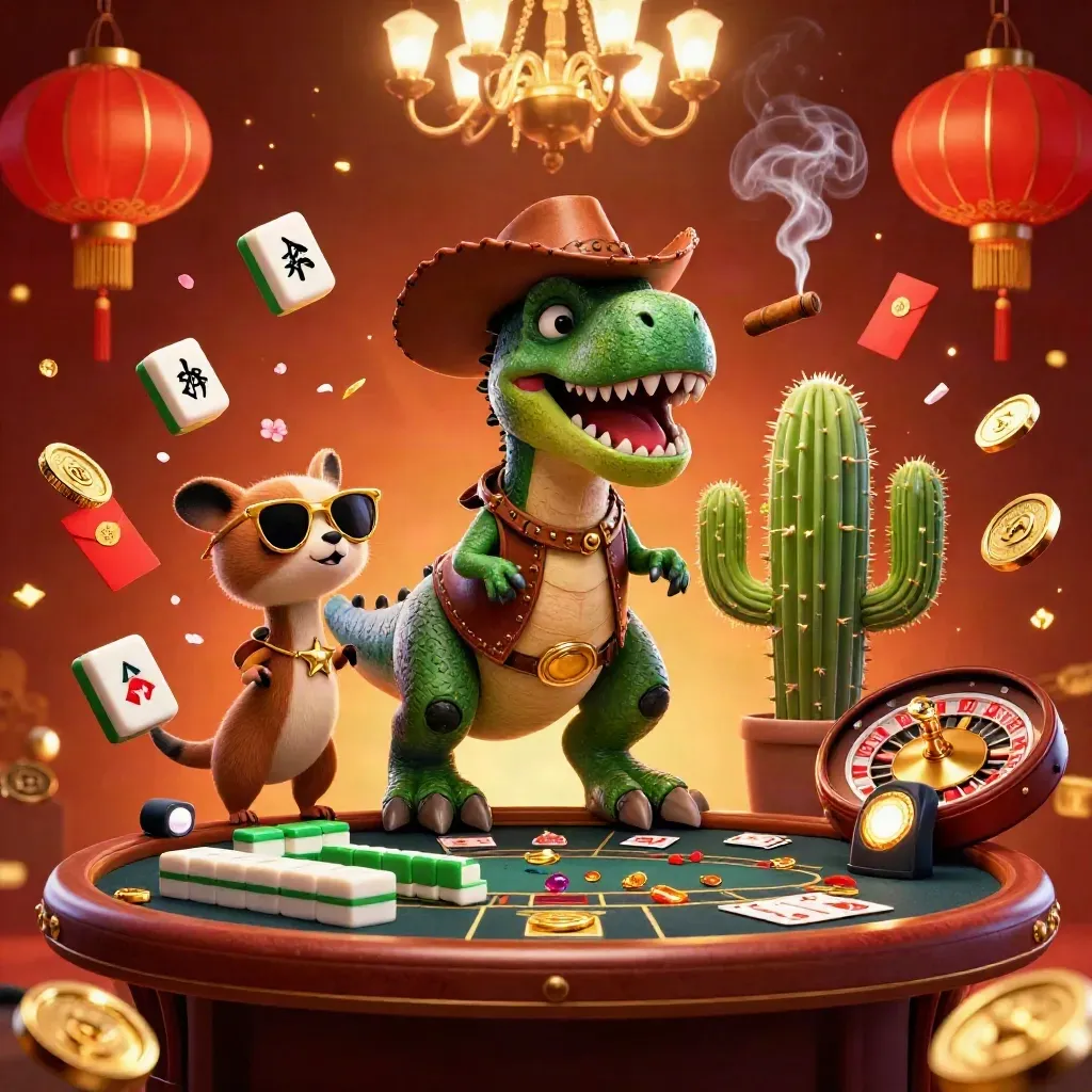 Cowboy T-Rex, cactus, and roadrunner in a lavish casino scene with glowing chips and lanterns.