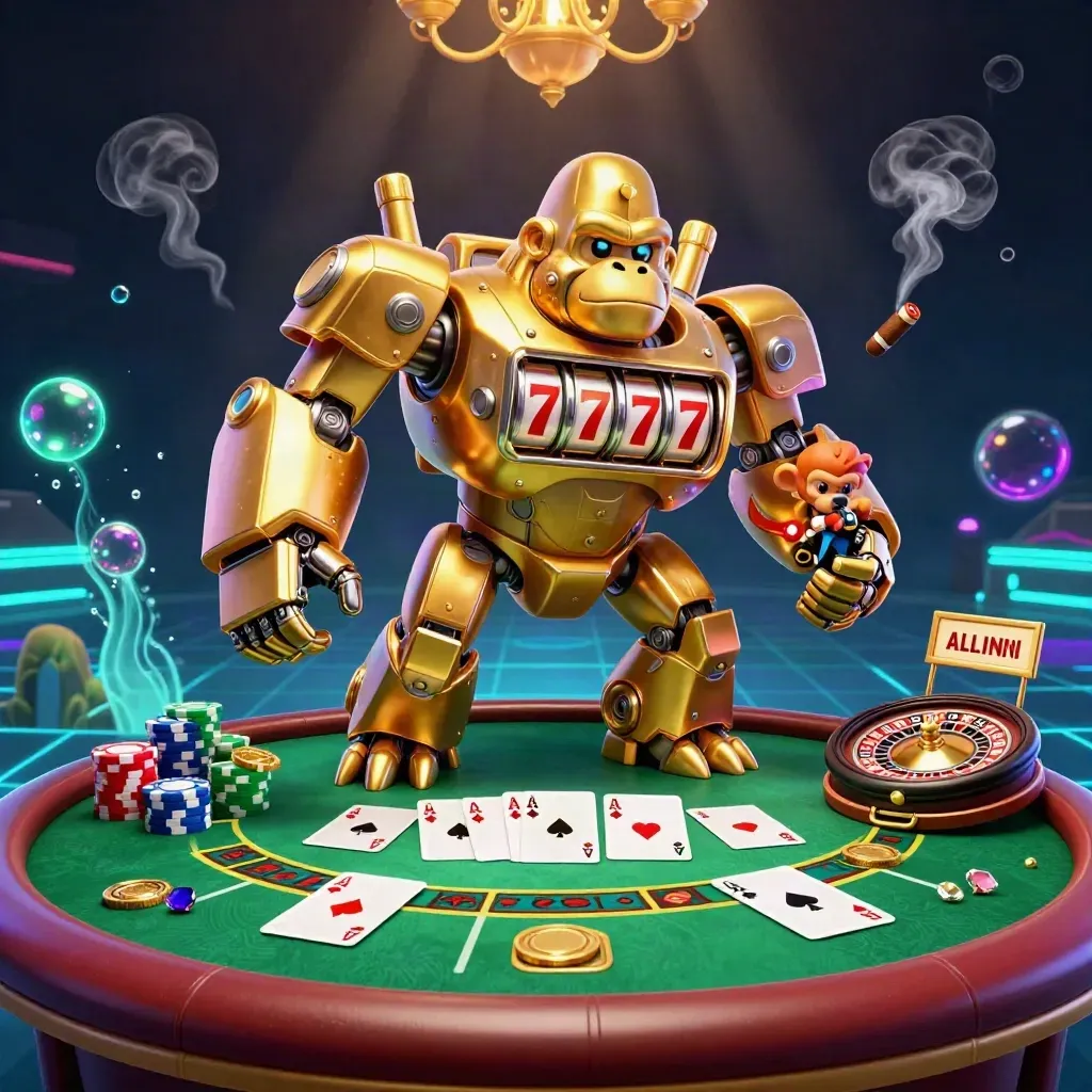 Golden gorilla mech with monkey pilot amid poker chips, cards, roulette, and neon casino glow.