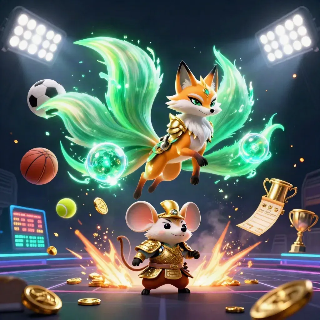 Neon fox spirit and armored mouse amid flying sports balls, gold coins, and stadium light.