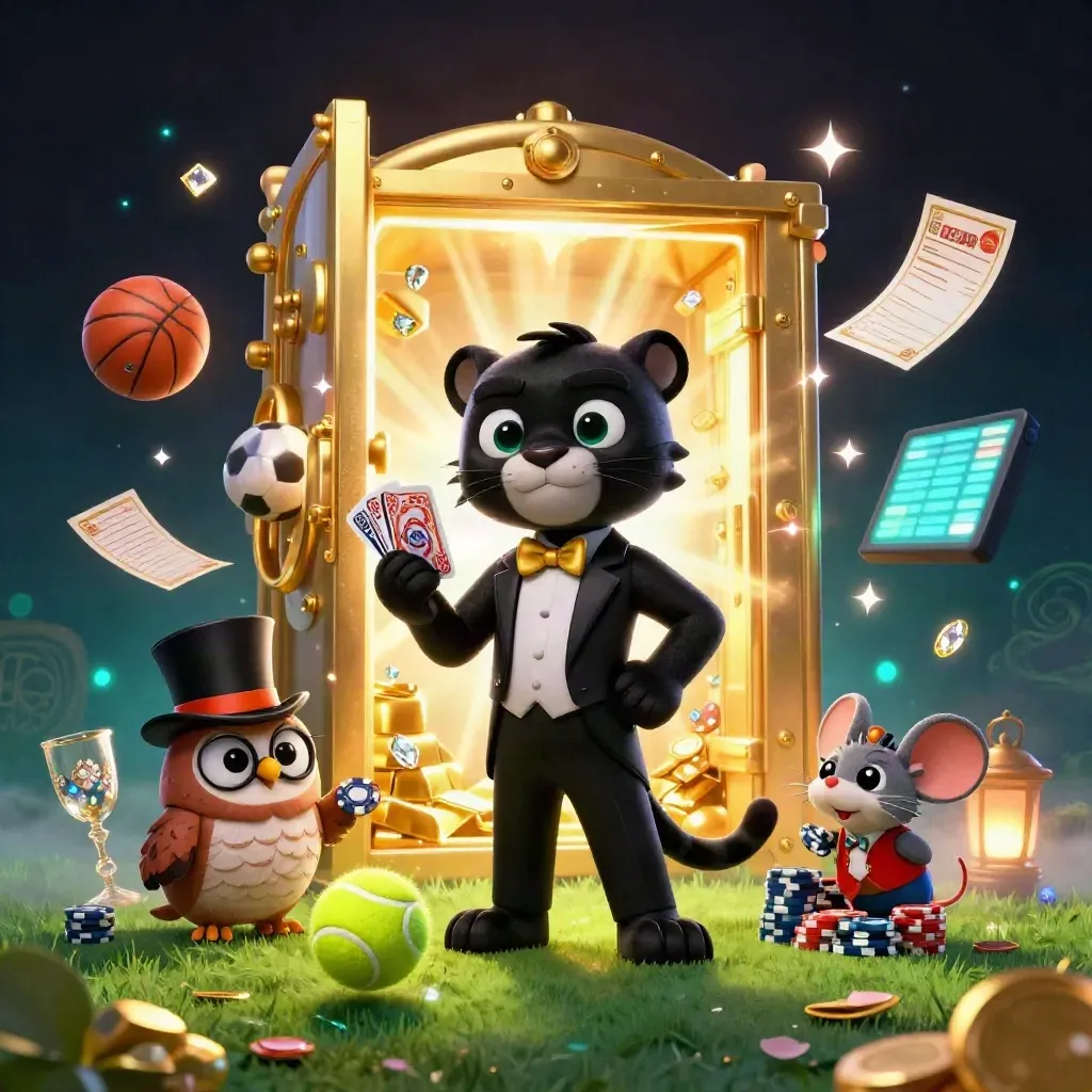Panther, owl, and mouse amid vault gold, flying sports balls, and emerald casino light.