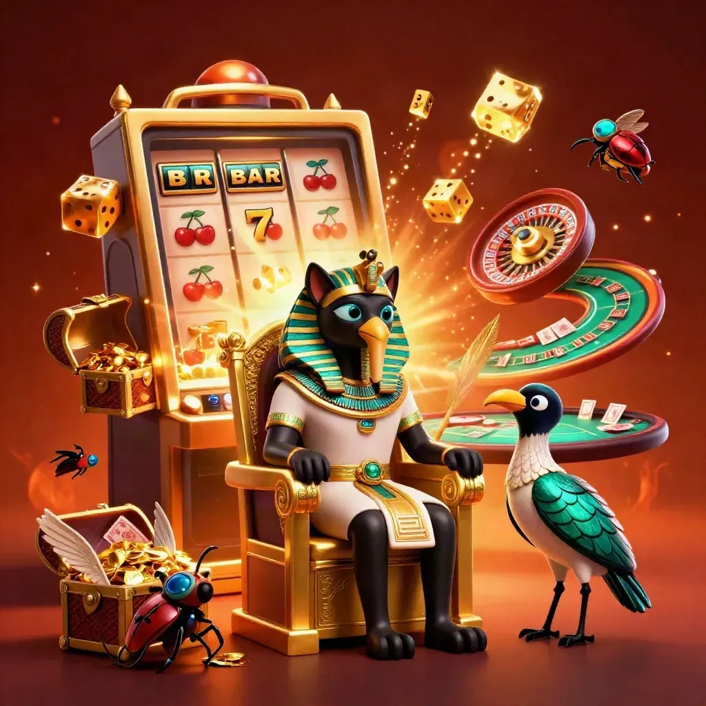 Pharaoh cat, ibis scribe, scarabs, slot machine, dice, roulette wheel, cards, gold glow