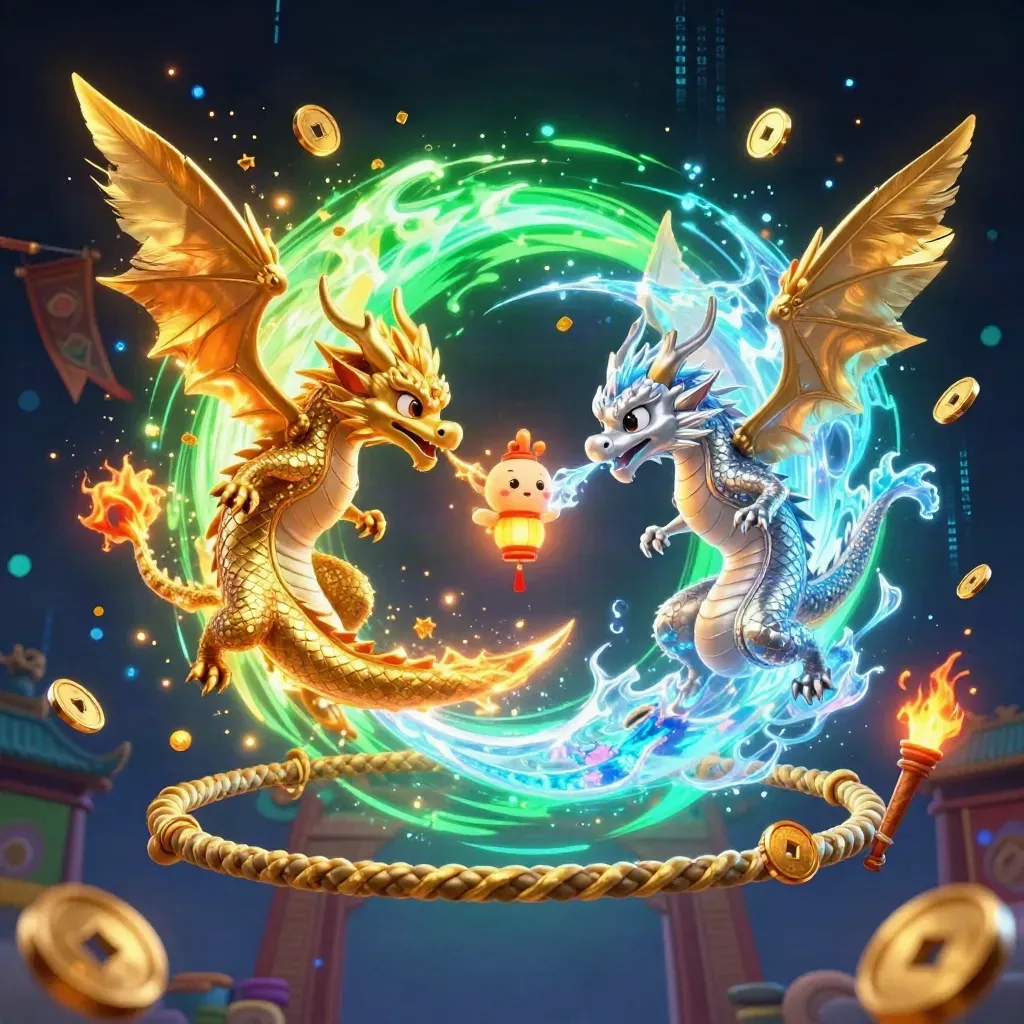 Gold and silver dragons swirl around a lantern spirit before a glowing temple gate.
