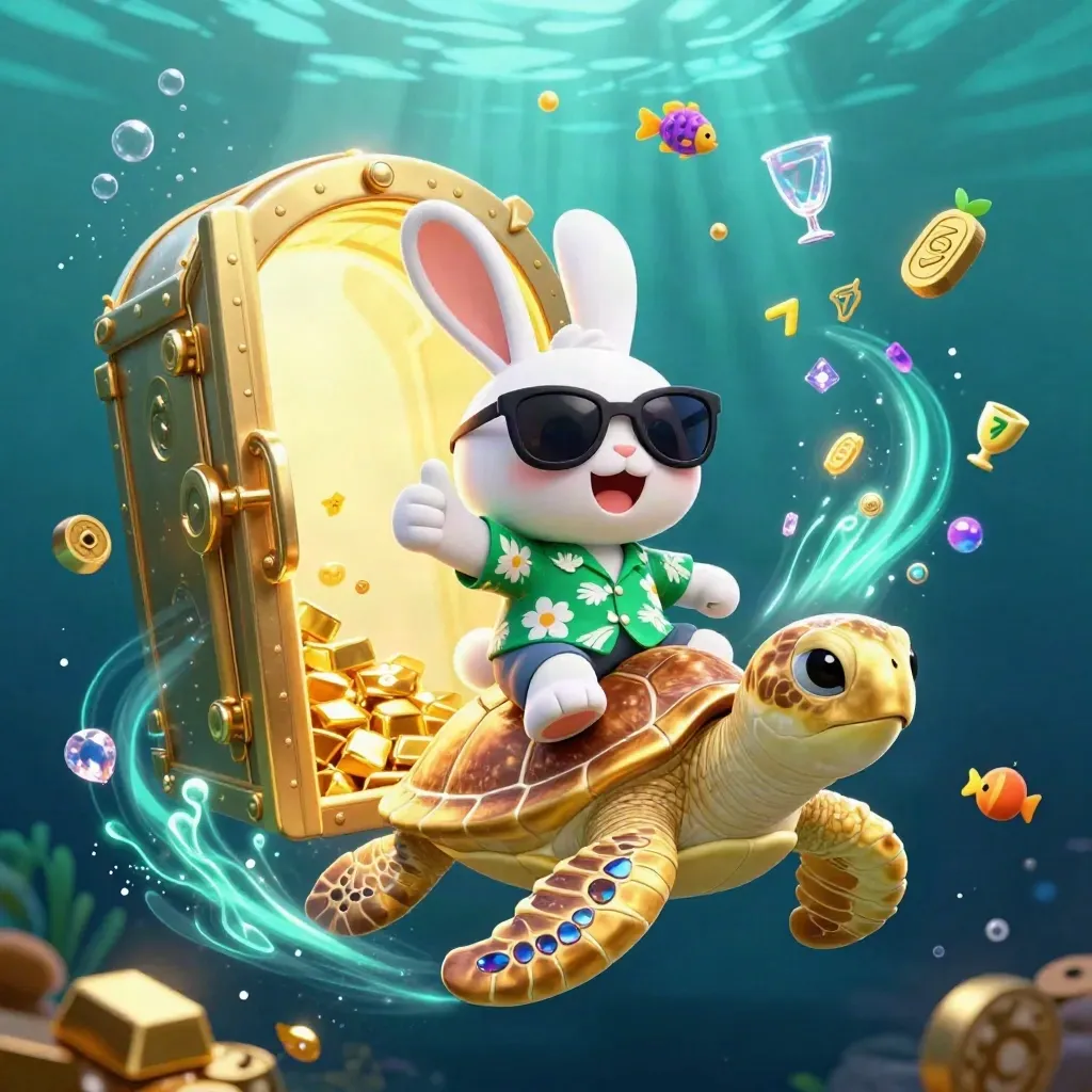 Lucky rabbit rides a gem turtle underwater as treasure bursts and neon mint glows