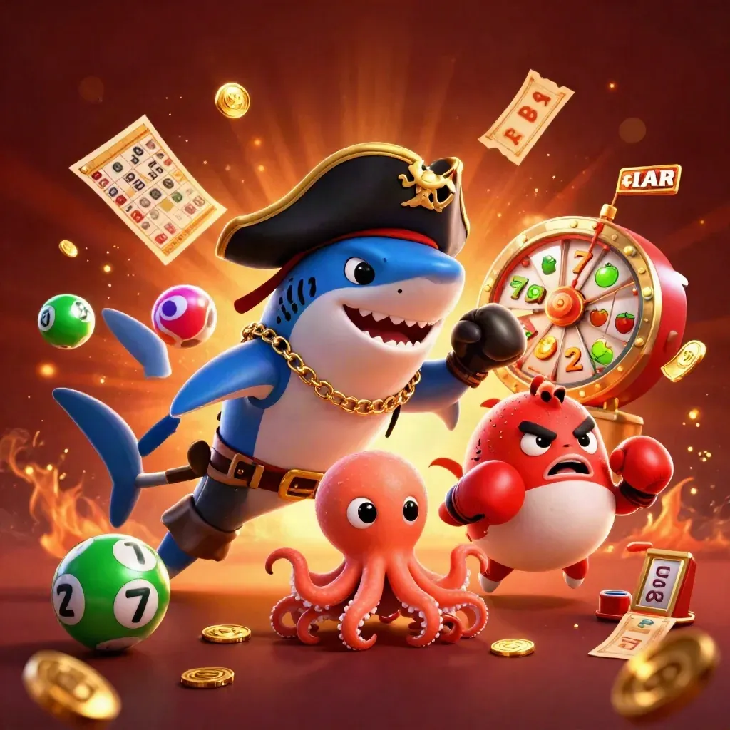 Pirate shark, boxing pufferfish, and juggling octopus amid casino bursts and glowing treasure