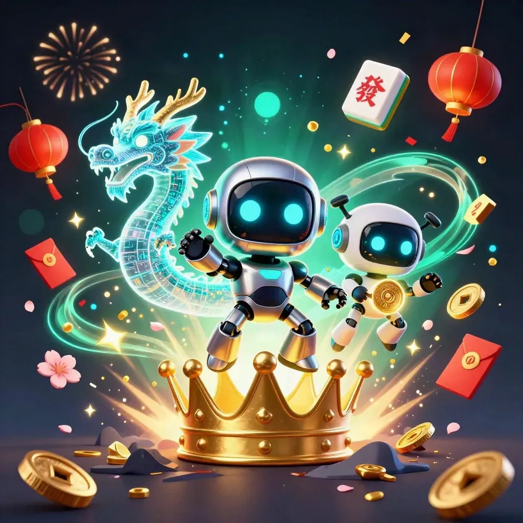 Cyberpunk robot, holographic dragon, and coin drone bursting with casino treasure and jade coins.