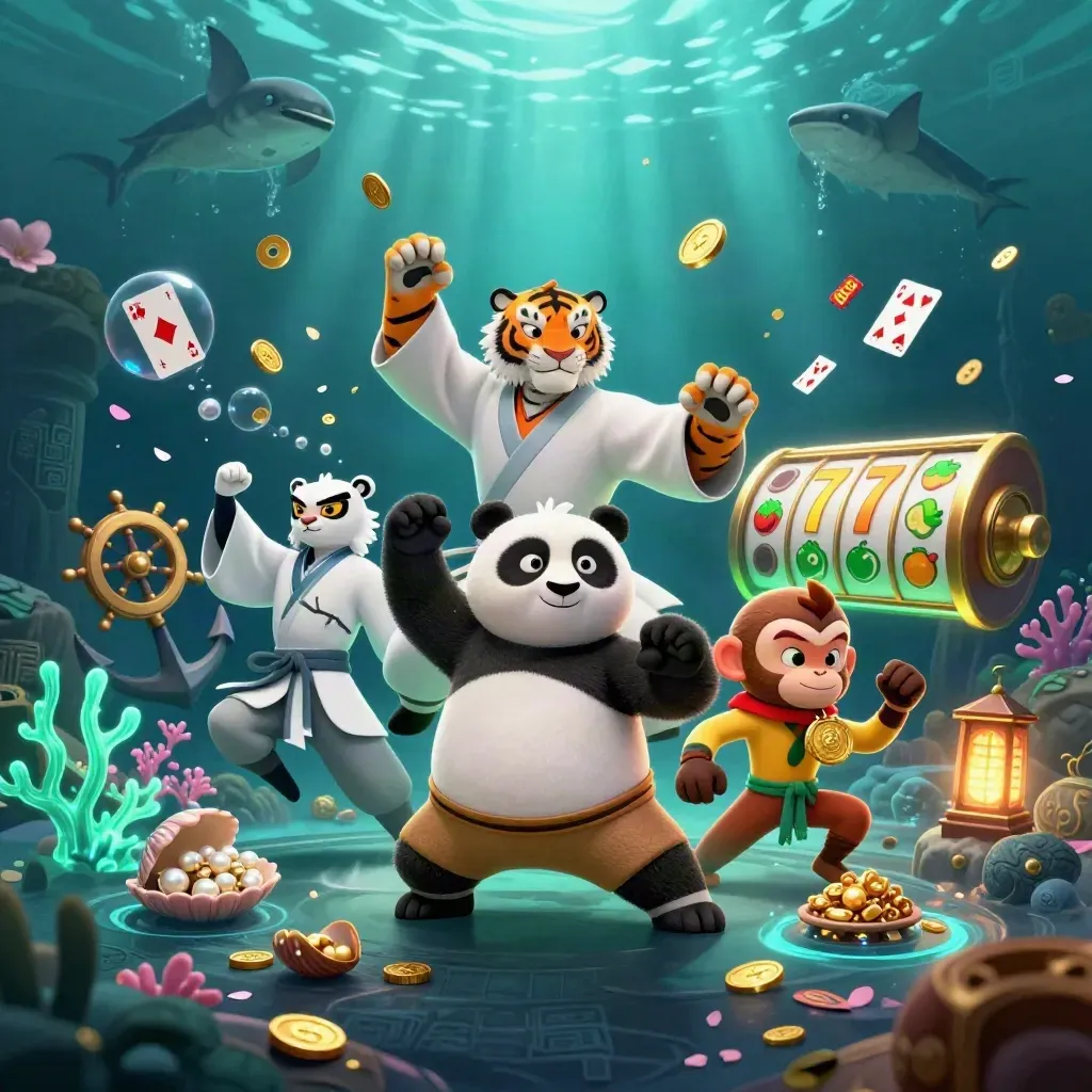 Tiger, panda, and monkey heroes in an underwater treasure burst with coins, coral, and glowing reels.