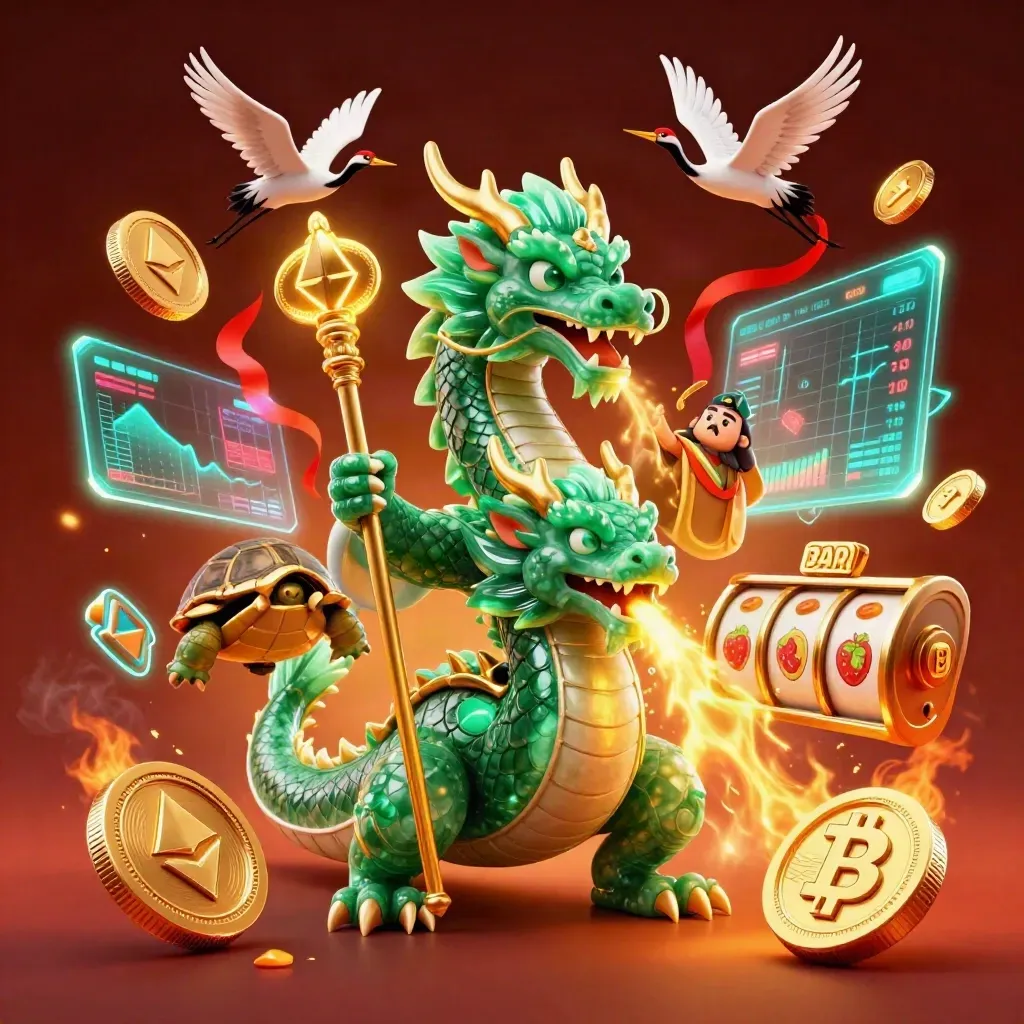 Emerald dragon, turtle sage, and cranes amid casino coins, fire, and neon slot energy.