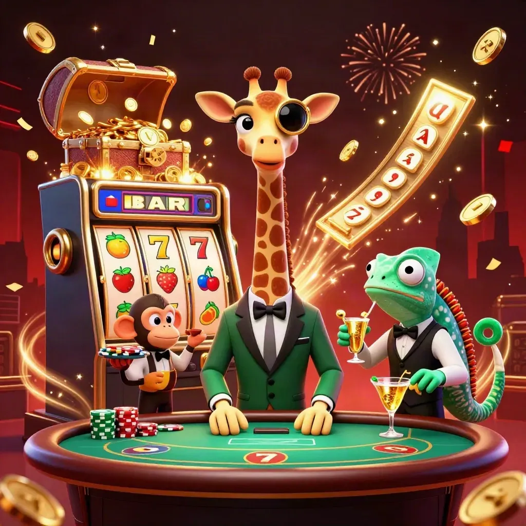 Giraffe, monkey, and chameleon celebrate as a slot machine bursts with coins and fireworks.