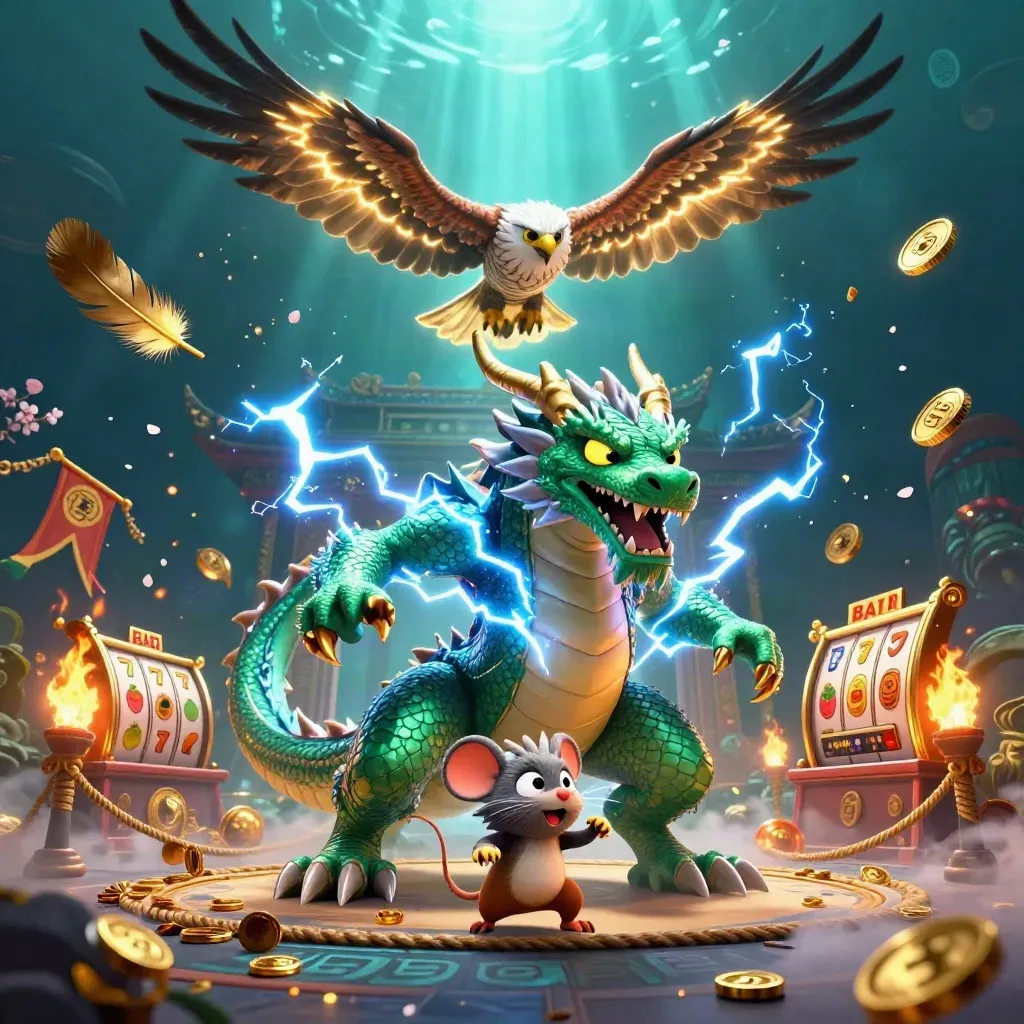 Thunder dragon, wind hawk, and mouse explode with coins, reels, temple gate, and lightning in luxe glow.