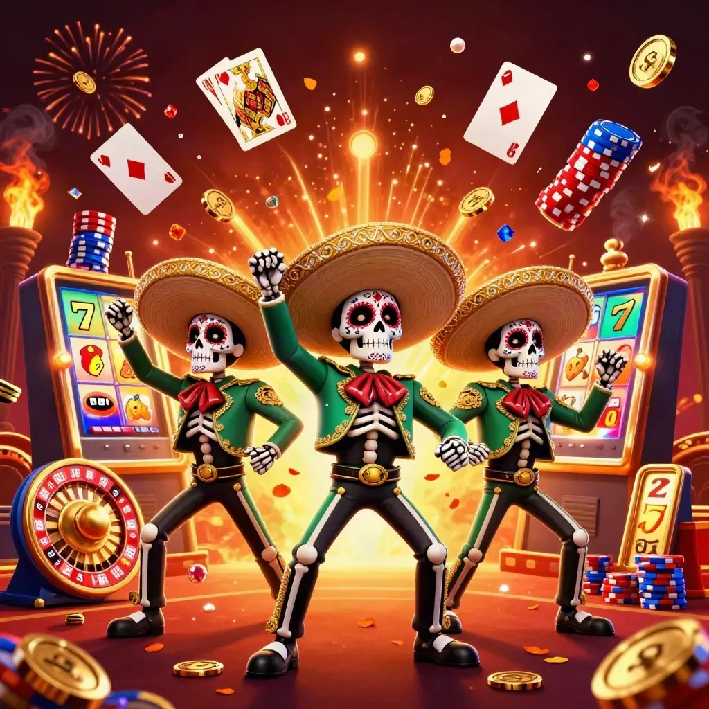 Day-of-the-Dead skeleton mariachi trio amid exploding coins, gems, reels, cards, chips, and fireworks