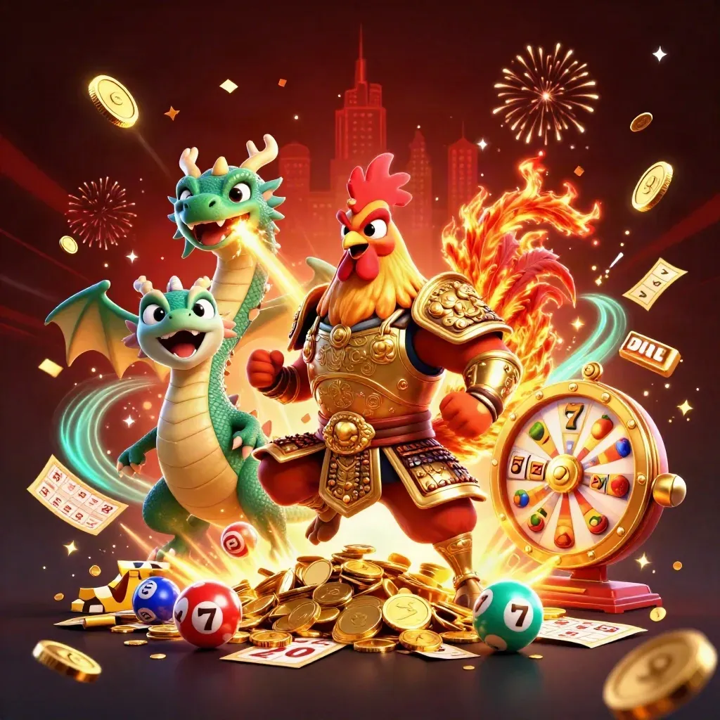 Rooster warrior, dragon hatchling, and fortune-cat amid casino coins, fireworks, and slot reels.