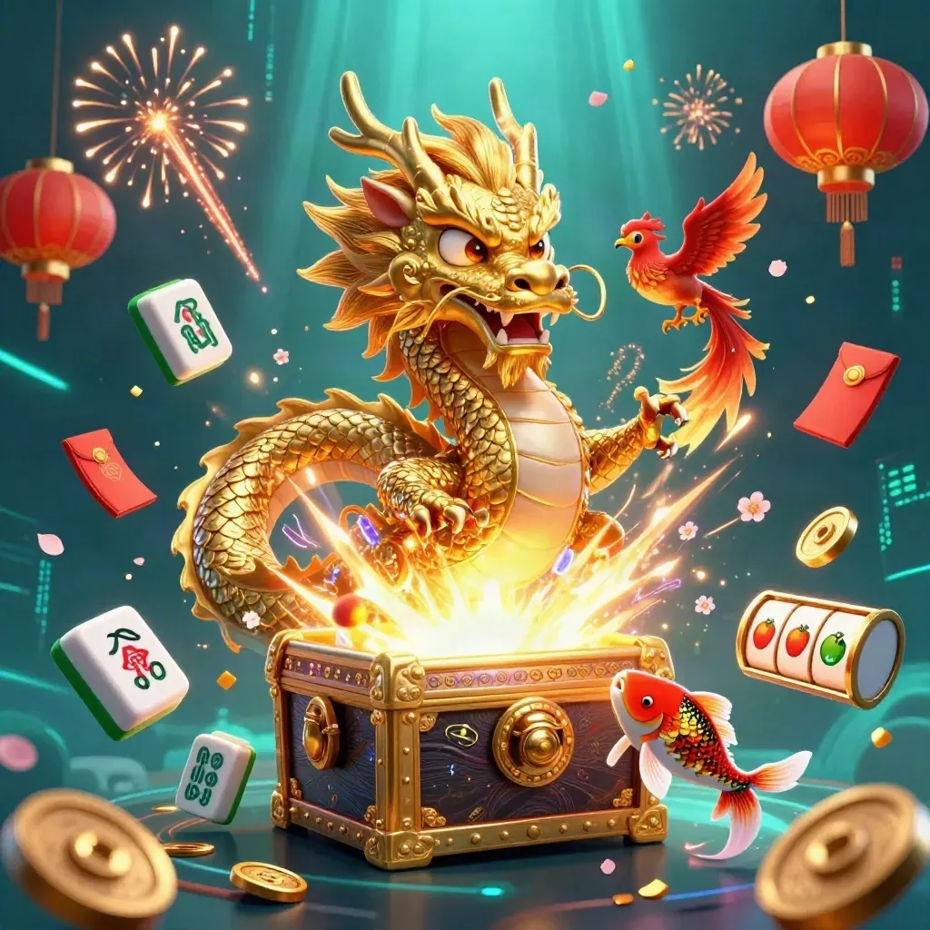 Golden dragon on treasure chest with phoenix, koi, coins, lanterns, and slot symbols in a neon casino splash