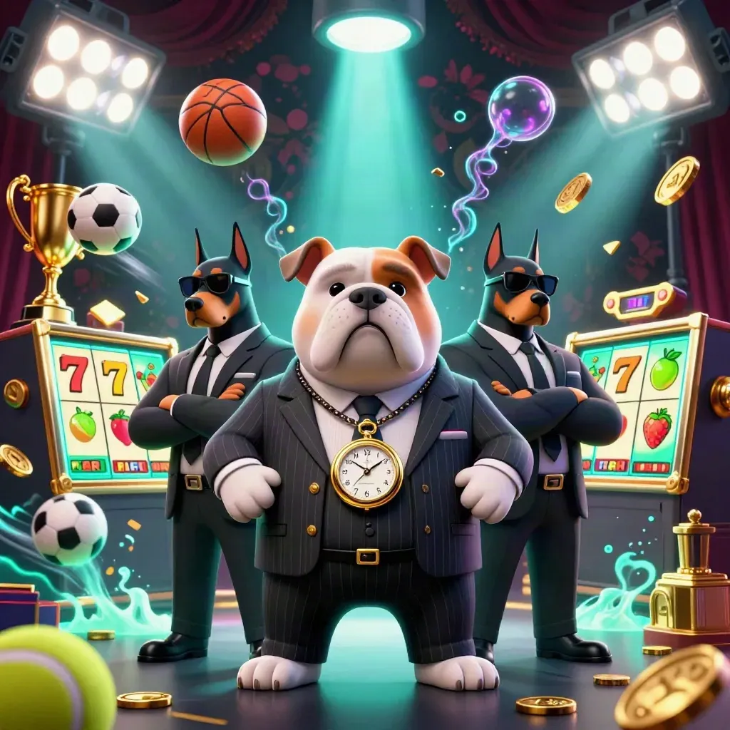 Bulldog boss with two Doberman bodyguards amid casino lights, balls, coins, reels, and trophies.