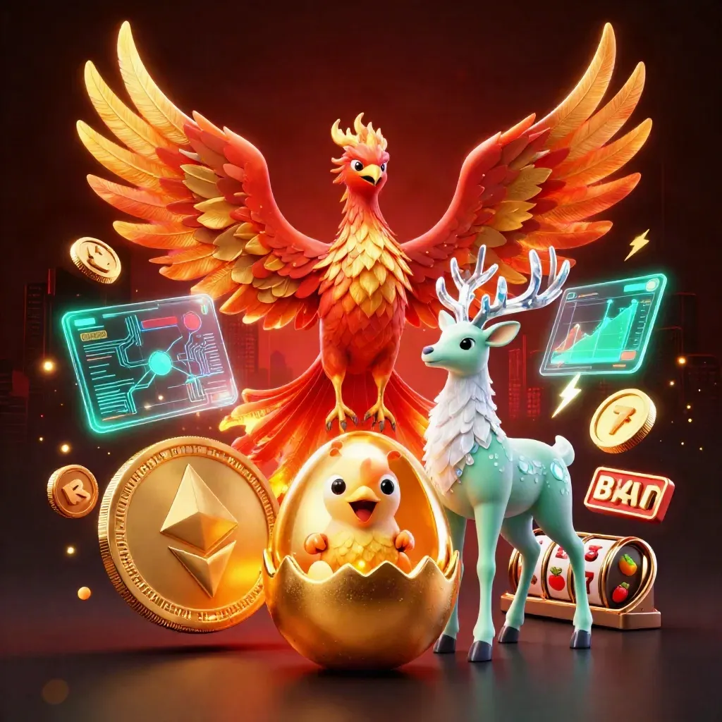 Fire phoenix, baby phoenix, and crystal-antlered stag amid casino coins and glowing slot symbols