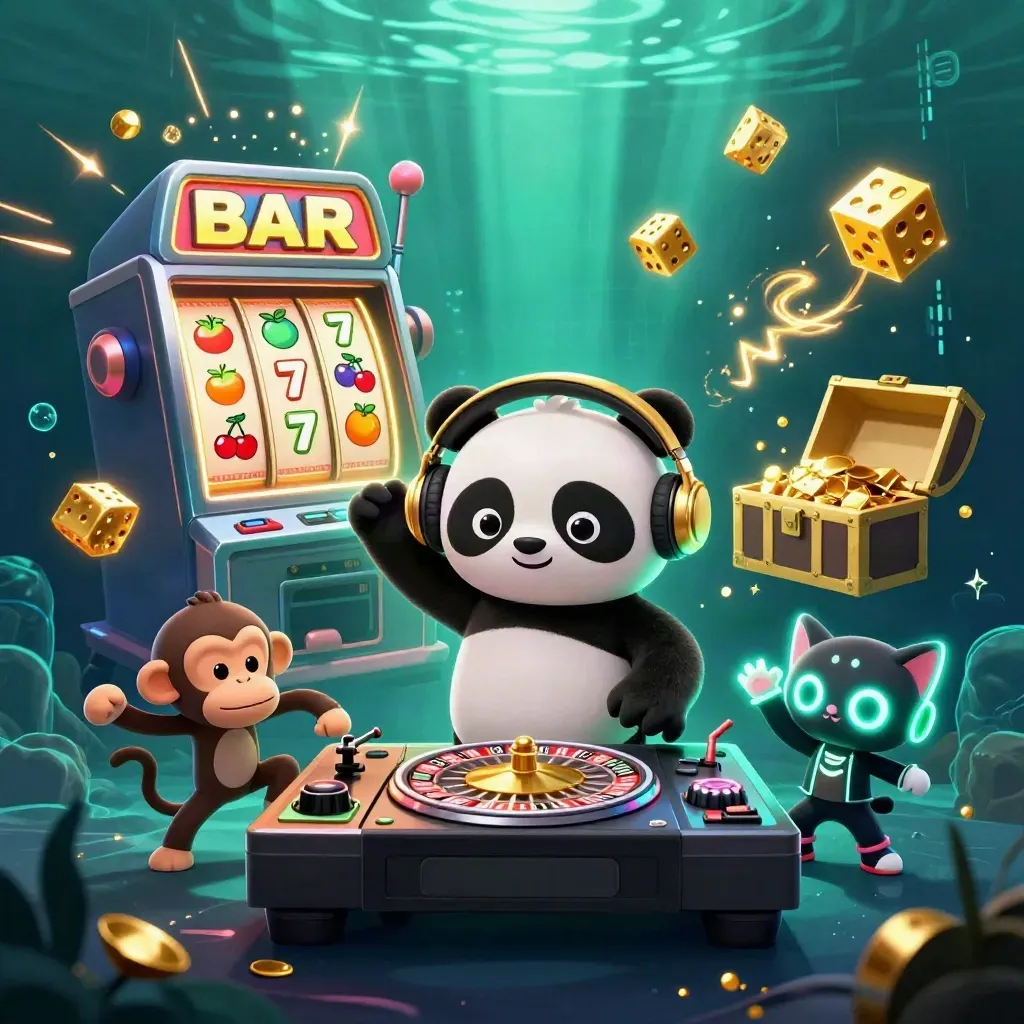 Panda DJ, dancing monkey, and glow-kitten amid slot machine jackpots underwater neon casino art.