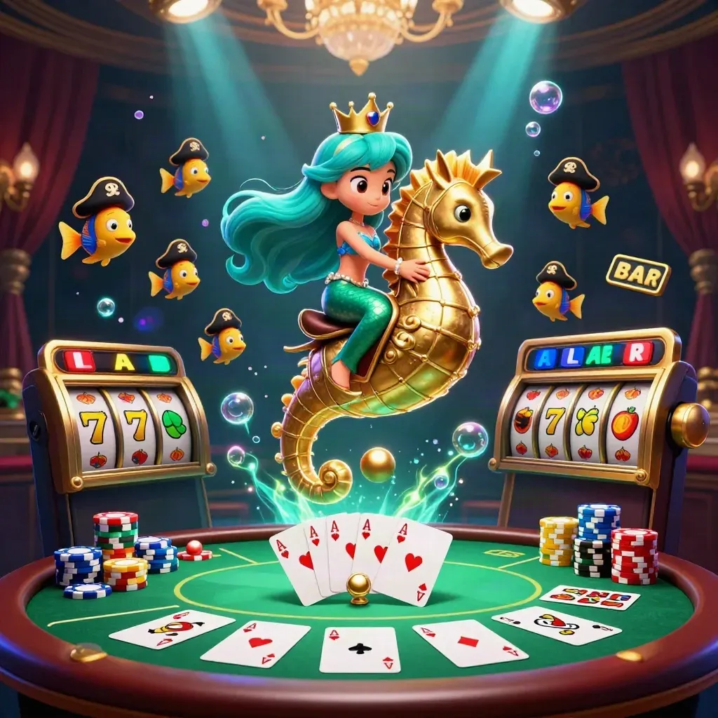 Mermaid princess on golden seahorse amid poker, slots, chips, and glowing casino underwater effects