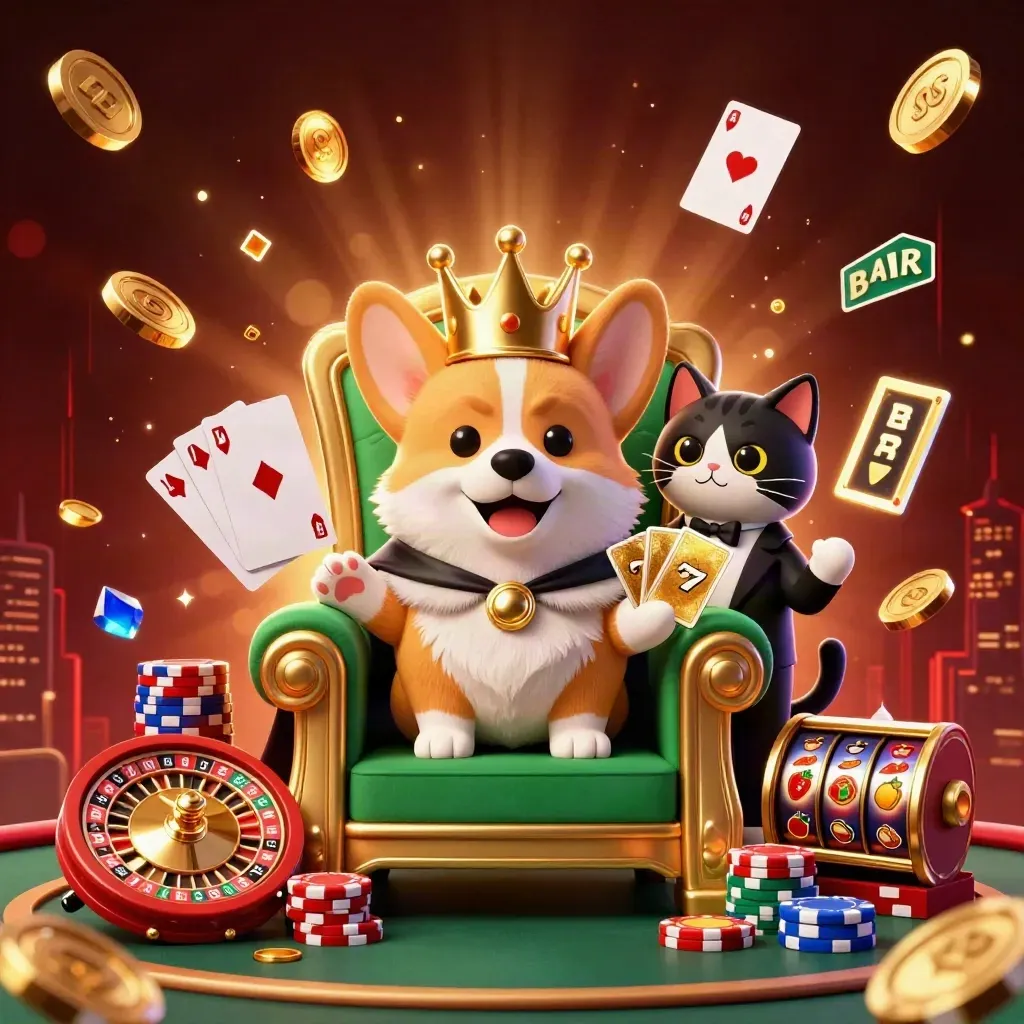 Royal corgi and cat butler amid casino chips, coins, roulette wheel, and glowing slot symbols.