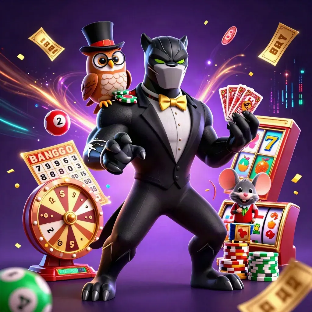 Tuxedo black panther, owl, and mouse amid casino reels, chips, and glowing emerald effects.