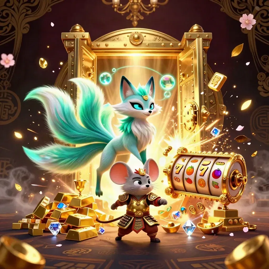 Fox spirit and armored samurai mouse before an opening vault with gold, gems, and slot reels.