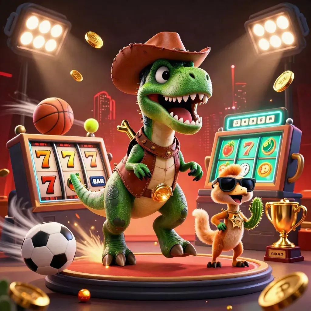 Cowboy T-Rex, cactus sidekick, and sheriff roadrunner amid casino sparks, coins, and slot reels.