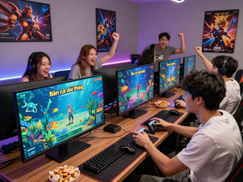Engaging gaming scene with friends playing lại là Bắn cá đổi thưởng, lively atmosphere, and colorful aquatic visuals.