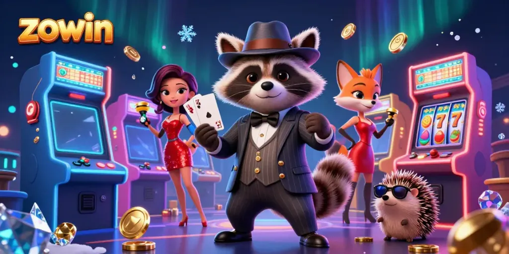Zowin offers thrilling gaming experiences with a raccoon, fox, and hedgehog enjoying a casino scene.
