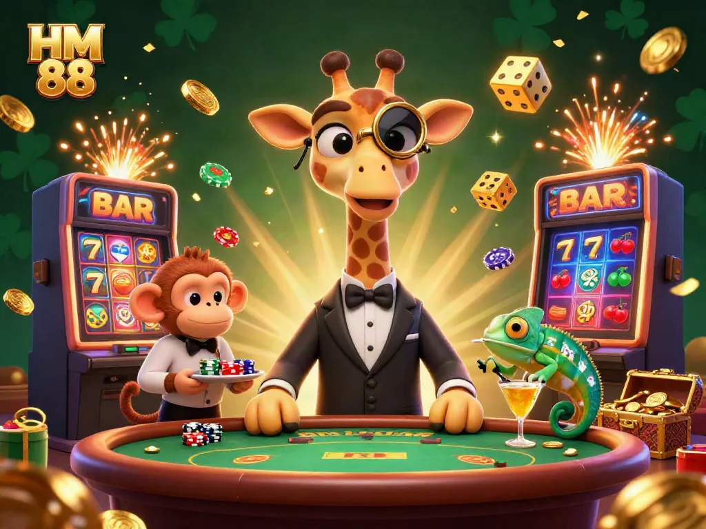 Experience the thrill at HM 88 as a giraffe in a suit plays poker among vibrant casino elements.