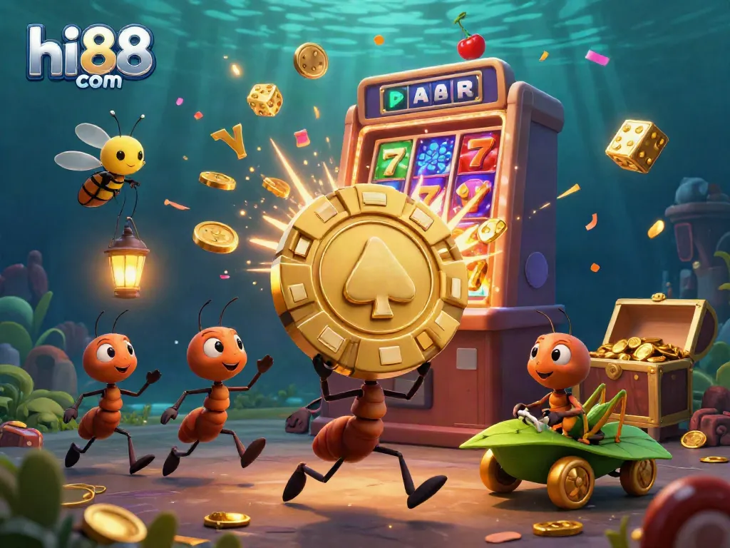 Experience the thrilling heist of ants in a vibrant hi88 com-themed casino heist scene with golden gaming elements.