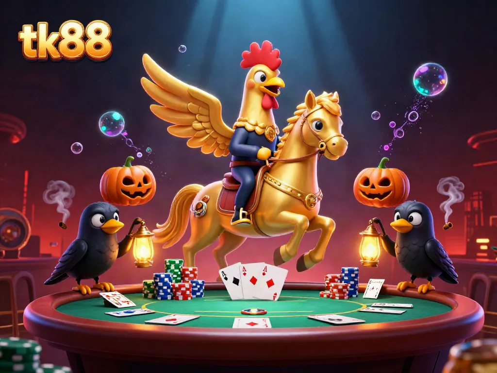 Experience thrilling gameplay at tk88 with a golden rooster and crow companions amid a vibrant casino scene.