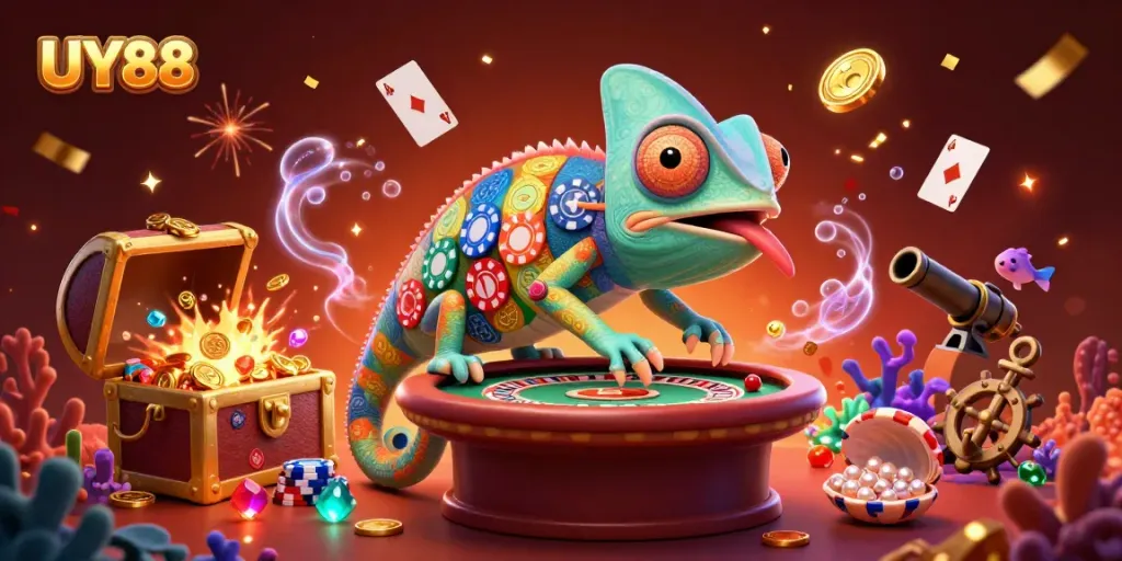 Experience exciting gaming at UY88 with a vibrant chameleon casino owner surrounded by treasures and fun!