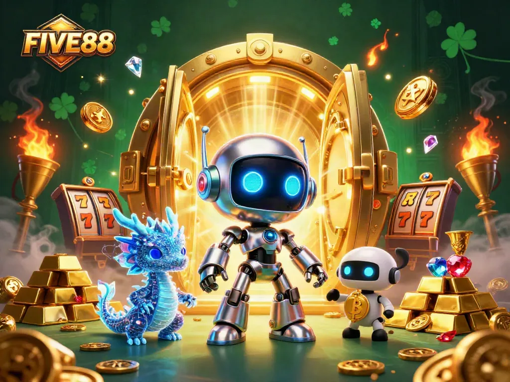 Engage with FIVE88's vibrant gaming world featuring 3D characters, treasure vaults, and dynamic slots.