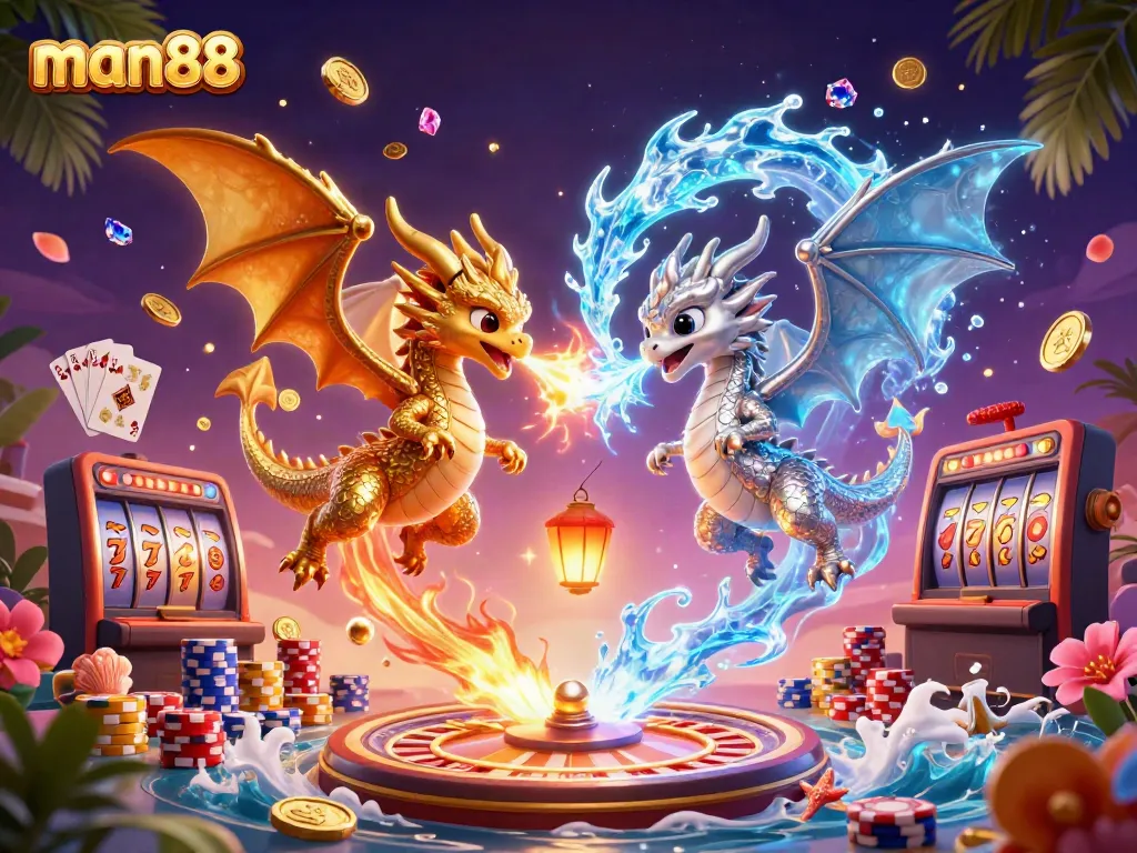Engage with thrilling gameplay at man88 featuring dynamic action between gold and silver dragons amidst casino elements.
