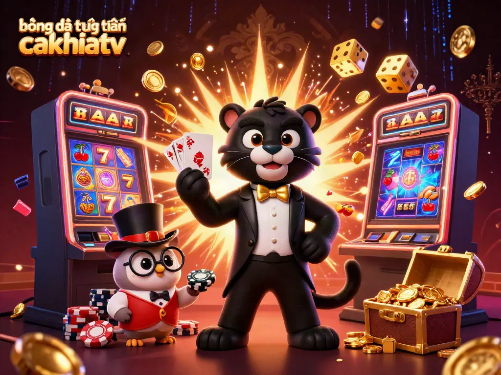 Engage in bóng đá trực tuyến cakhiatv with a vibrant 3D scene of characters dealing cards and celebrating wins.