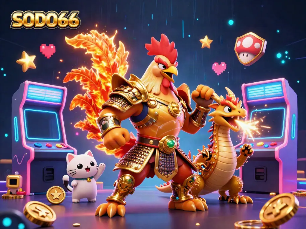 Experience gaming thrills with SODO66 in this vibrant 3D illustration featuring a fighting rooster and dragon, set in a vivid arcade.