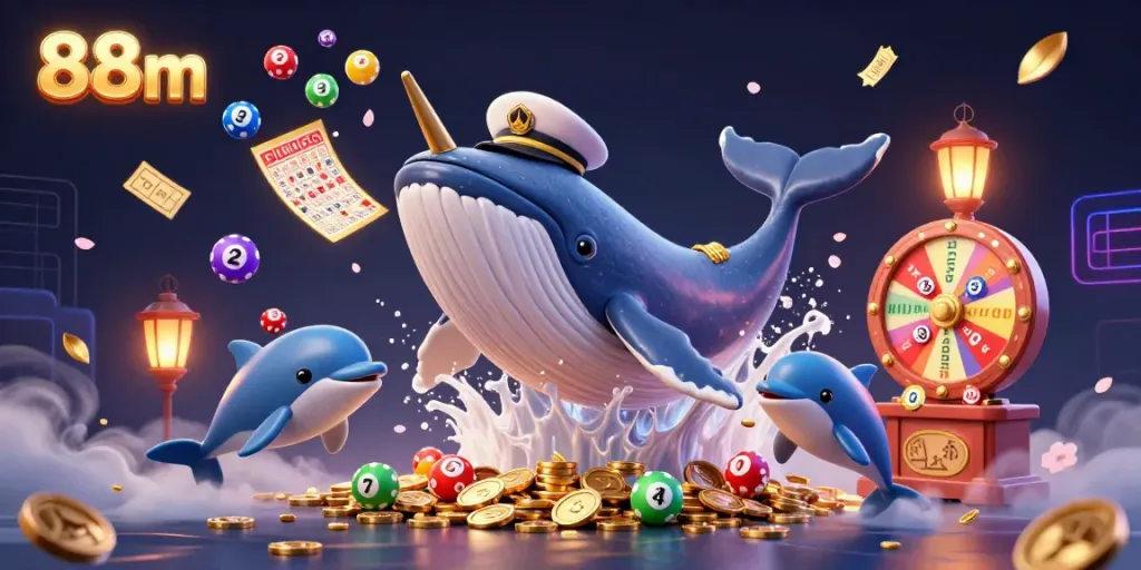 Engage with 88m's vibrant casino experience featuring a whale, dolphins, and golden lottery elements.