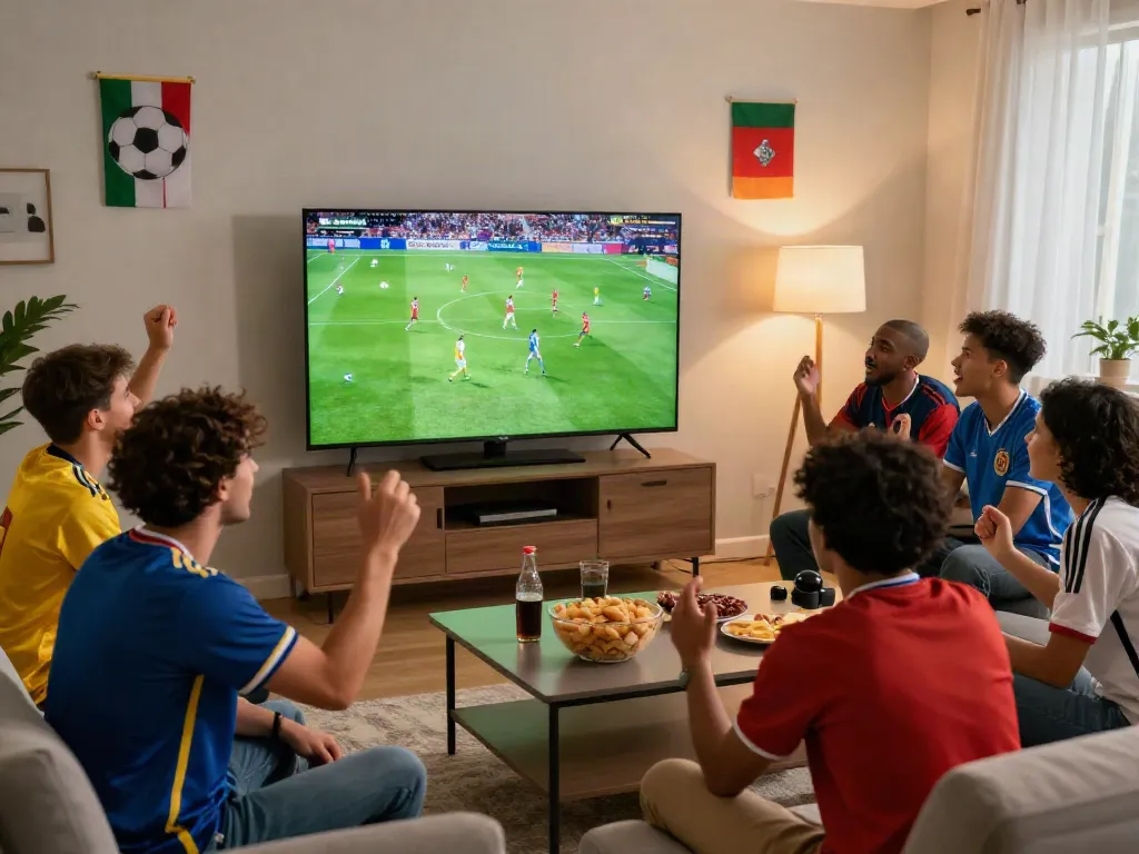 SOCOLIVE fans enjoying a live soccer match in a cozy living room, showcasing excitement and team spirit.