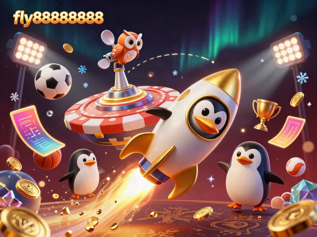 Fly88888888 penguin rocket soaring towards a casino chip station amidst vibrant sports elements.