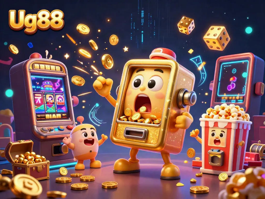 Engage with Ug88 through a dynamic jackpot scene featuring a golden slot machine overflowing with coins and cheering companions.