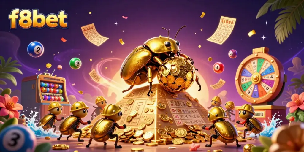 Experience the excitement at F8BET with vibrant lottery and casino symbols in a dynamic gaming scene.