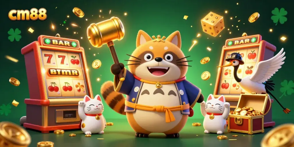 Experience big wins at cm88 with a joyful tanuki, lucky symbols, and a colorful casino game scene.