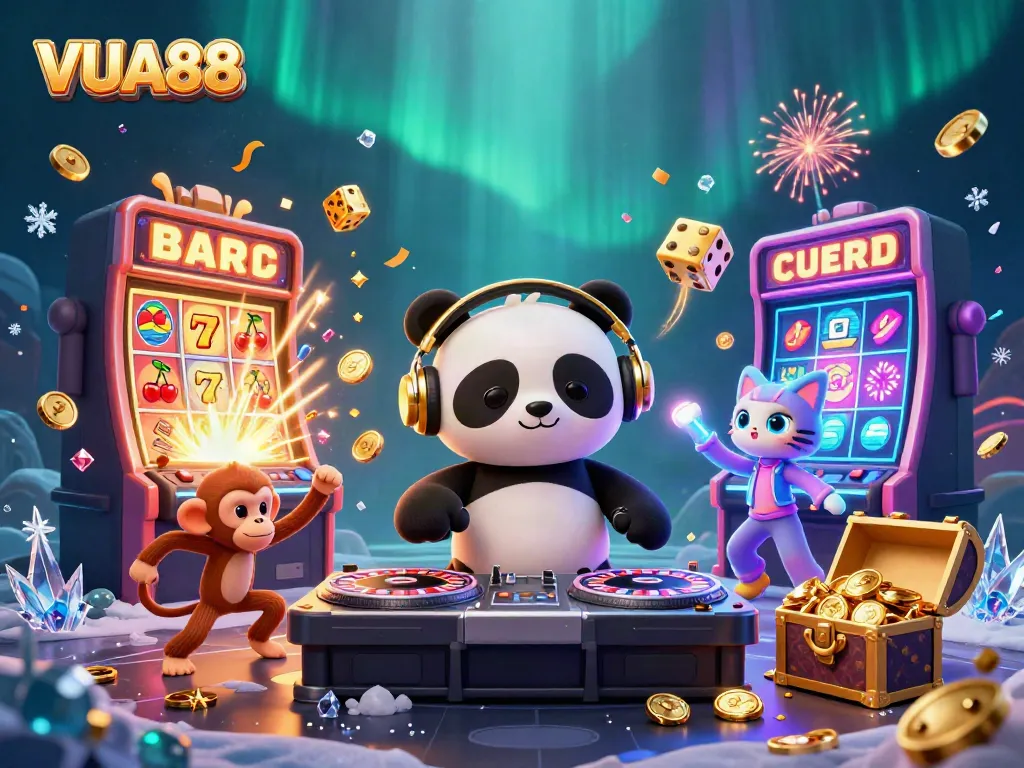 Experience VUA88's thrilling casino vibes with DJ panda, breakdancing monkey, and glow-stick kitten.
