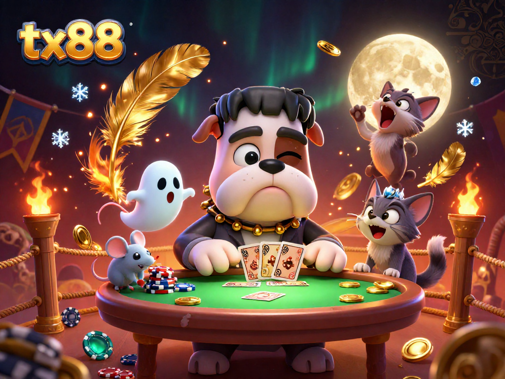 Engage in thrilling card games with tx88 featuring a Frankenstein bulldog monster at the spooky table.