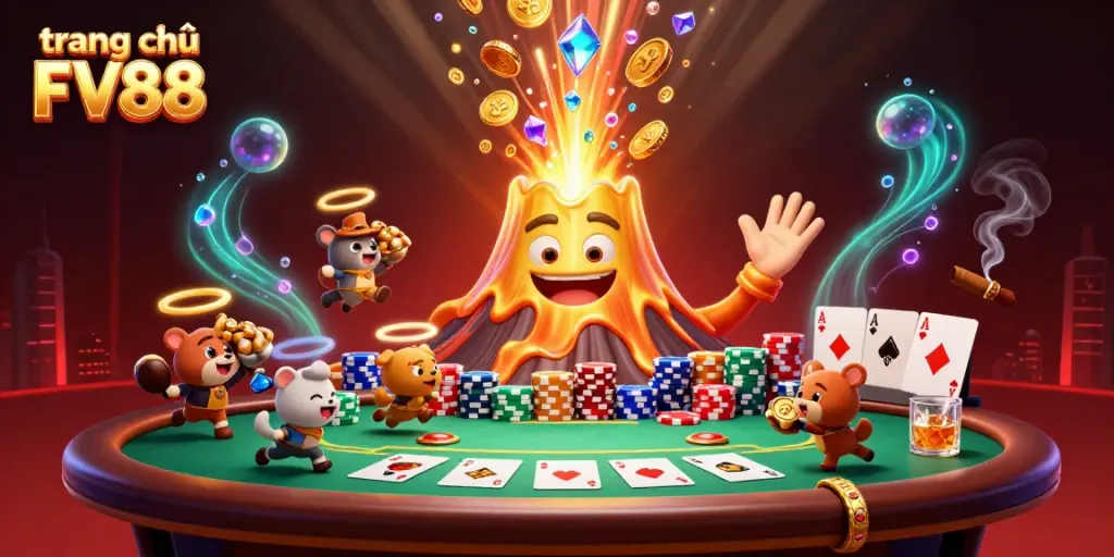 Experience the excitement of trang chủ FV88 with a golden volcano erupting coins and thrilling casino elements.