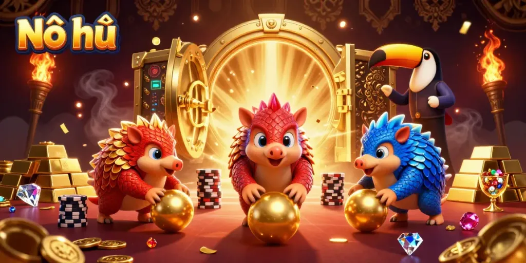 Nổ hũ gaming scene with rival pangolins in action, surrounded by gold and jewels.