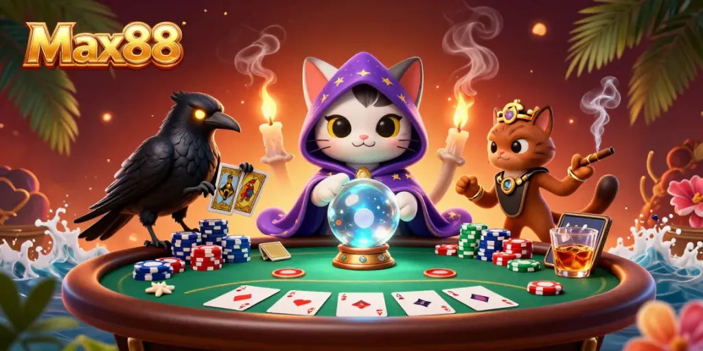 Engage in the immersive world of Max88 with a vibrant casino scene illustrated in ultra-detailed 3D.
