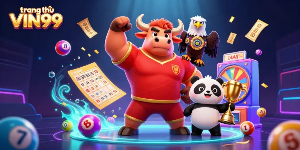 Engage with the vibrant scene of trang chủ VIN99, showcasing a bull mascot celebrating with a panda and eagle amidst dynamic lottery elements.