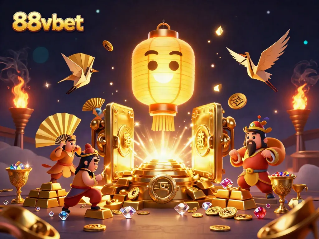 Engage with 88vbet's vibrant scene of a golden lantern spirit amidst treasures and warriors, capturing the excitement of online gaming.