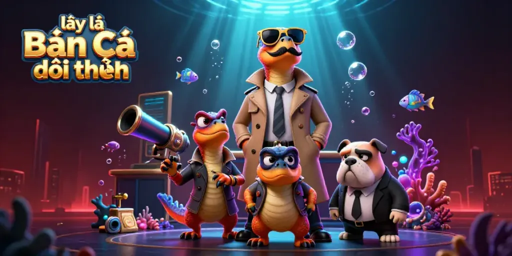 Engaging scene showcasing raptors and a bulldog representing lại là Bắn cá đổi thưởng in a vibrant underwater casino