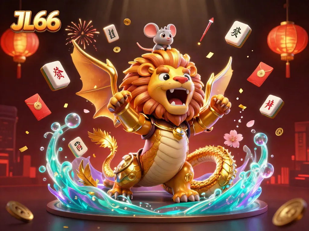 Engage with JL66's vibrant casino scene featuring a chimera and a mouse atop golden elements.